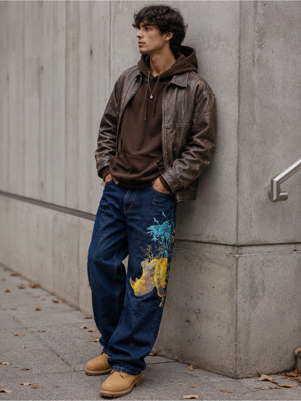 Men's Dark Blue Relaxed Fit Jeans with Yellow Print